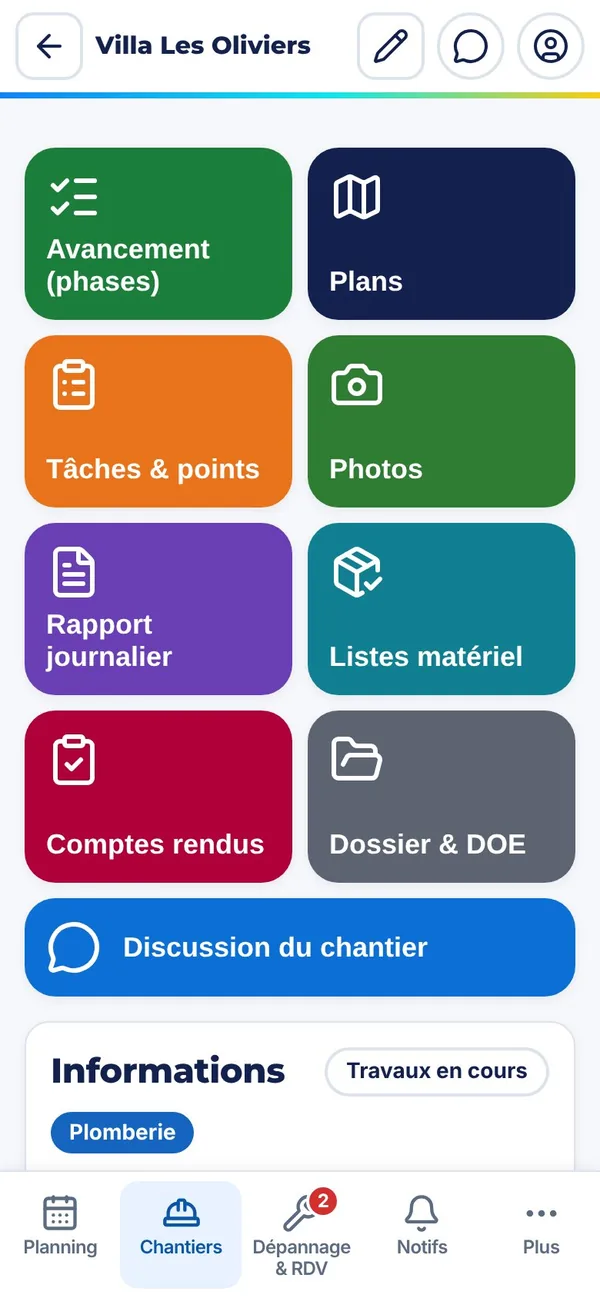 Fiche d'un chantier sur téléphone