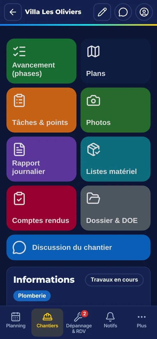 Fiche d'un chantier dans l'appli, sur téléphone