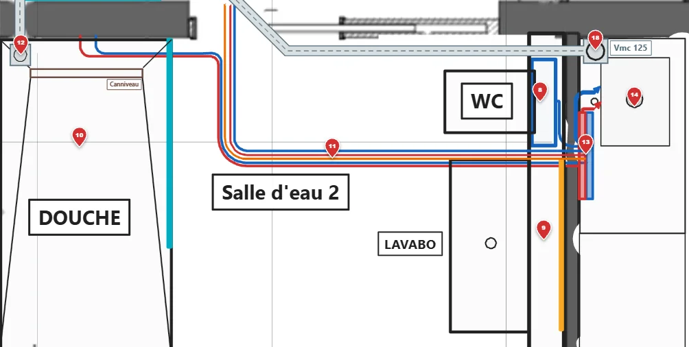 Salle d'eau : douche, lavabo, WC et VMC, réseaux tracés et tâches numérotées