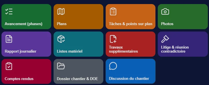 Fiche chantier : avancement, plans, tâches, photos, rapport journalier, listes matériel, travaux supplémentaires, litige, comptes rendus, dossier et DOE, discussion